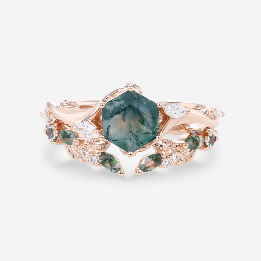 Nature Inspired Hexagon Cut Moss Agate Engagement Ring set