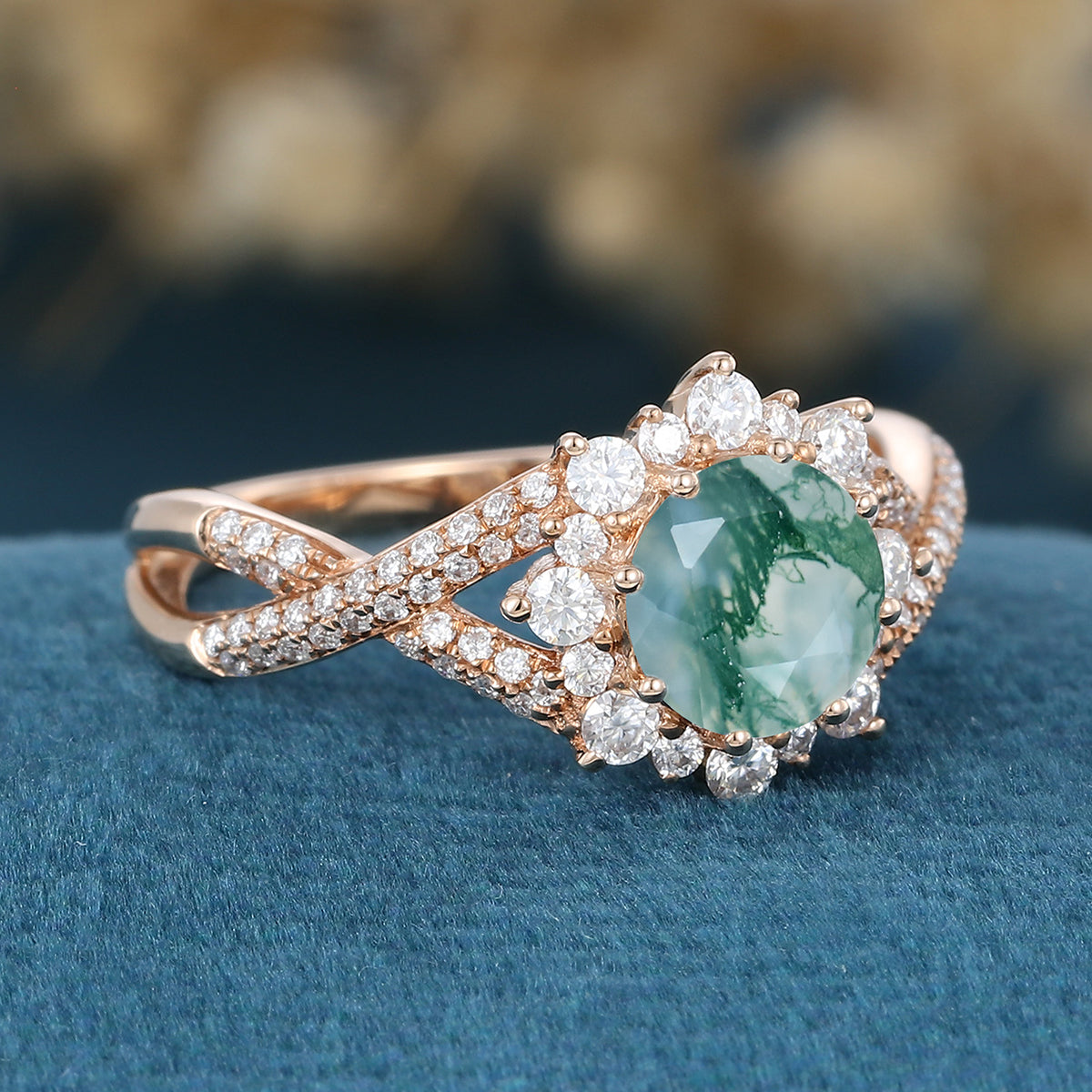 Round cut Moss Agate Matching Mossanite | Diamonds Gold Engagement Ring