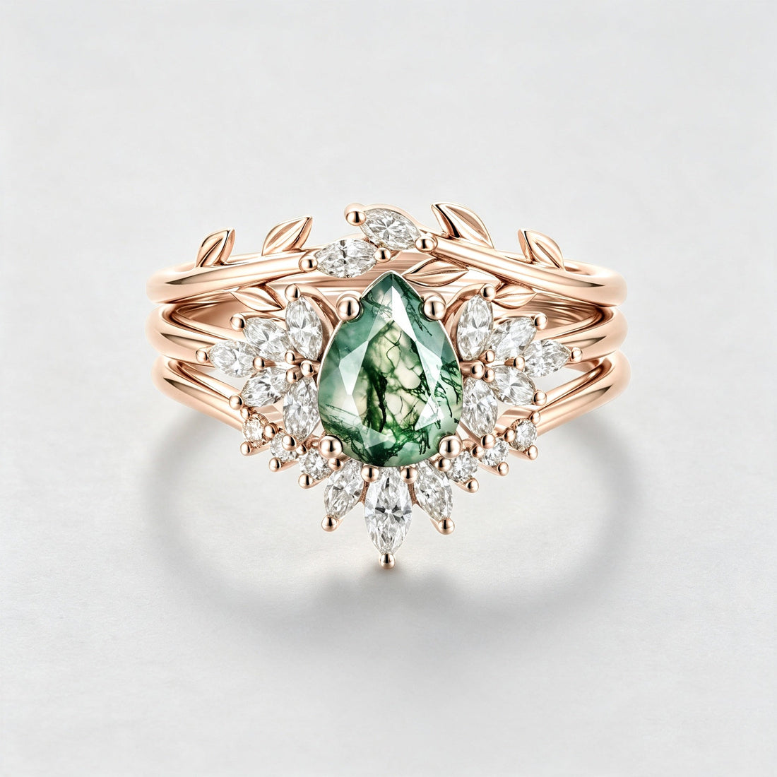 Natural Green Moss Agate 3PCS Pear Cluster Engagement ring Bridal Sets