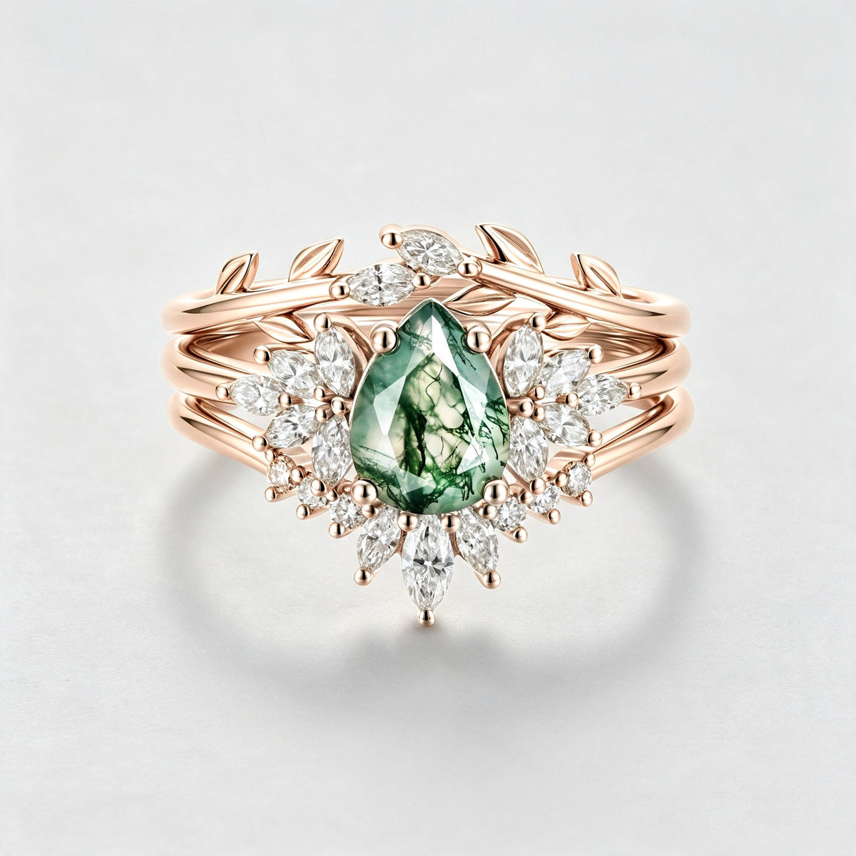Natural Green Moss Agate 3PCS Pear Cluster Engagement ring Bridal Sets