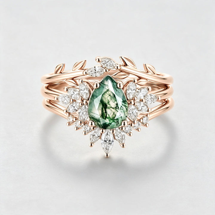 Natural Green Moss Agate 3PCS Pear Cluster Engagement ring Bridal Sets