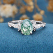 Natural Green Moss Agate Oval cut cluster Engagement Ring