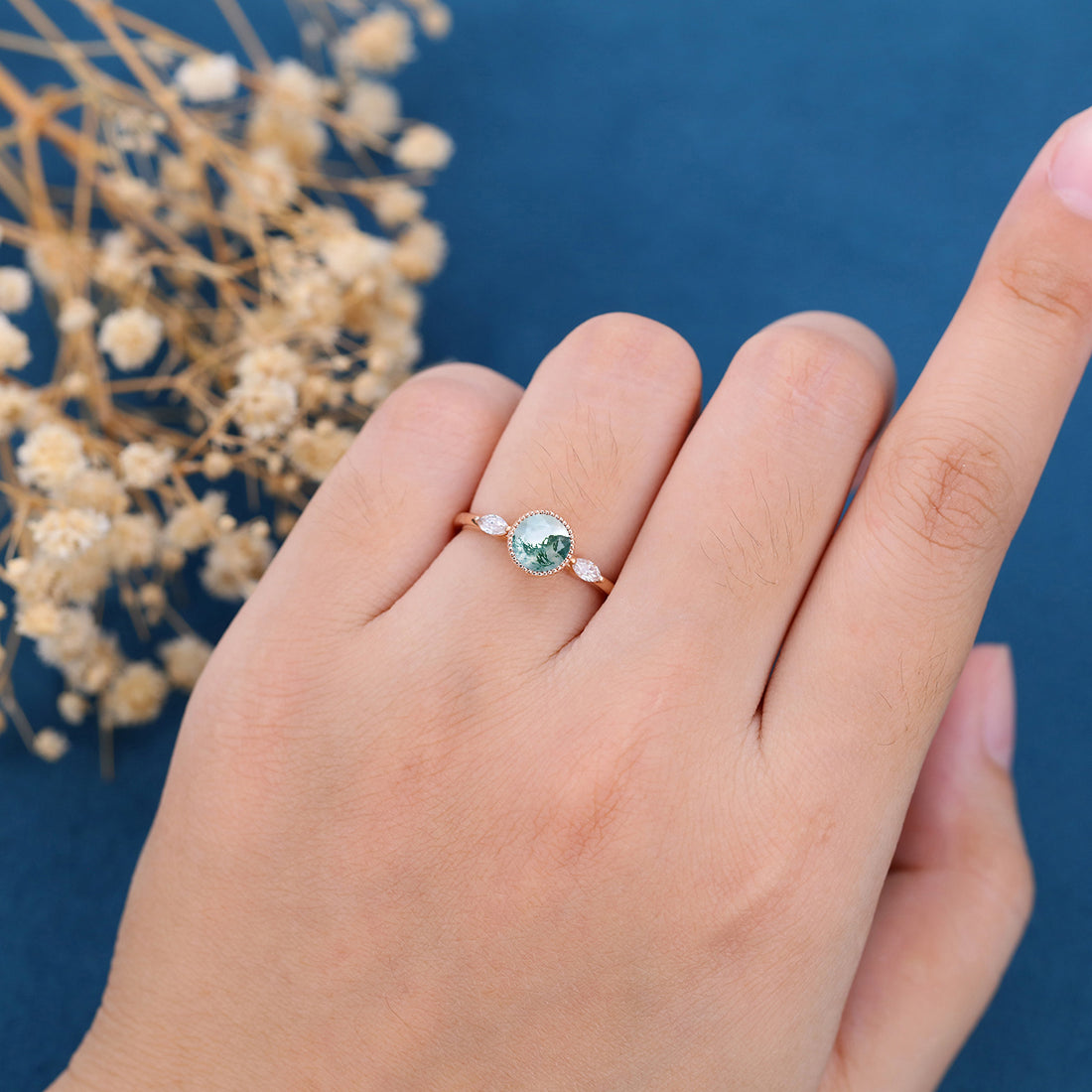 Bezel setting Round cut Moss Agate Gold Engagement Ring