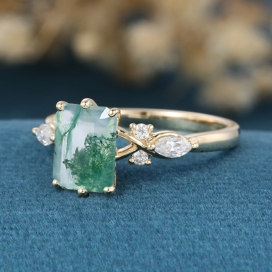 Emerald cut Moss Agate Matching Mossanite | Diamonds Gold Engagement Ring