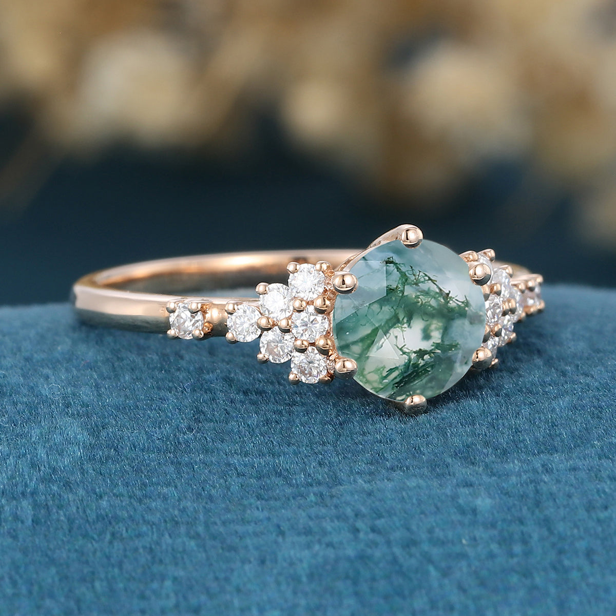 Round cut Moss Agate Matching Mossanite | Diamonds Gold Engagement Ring