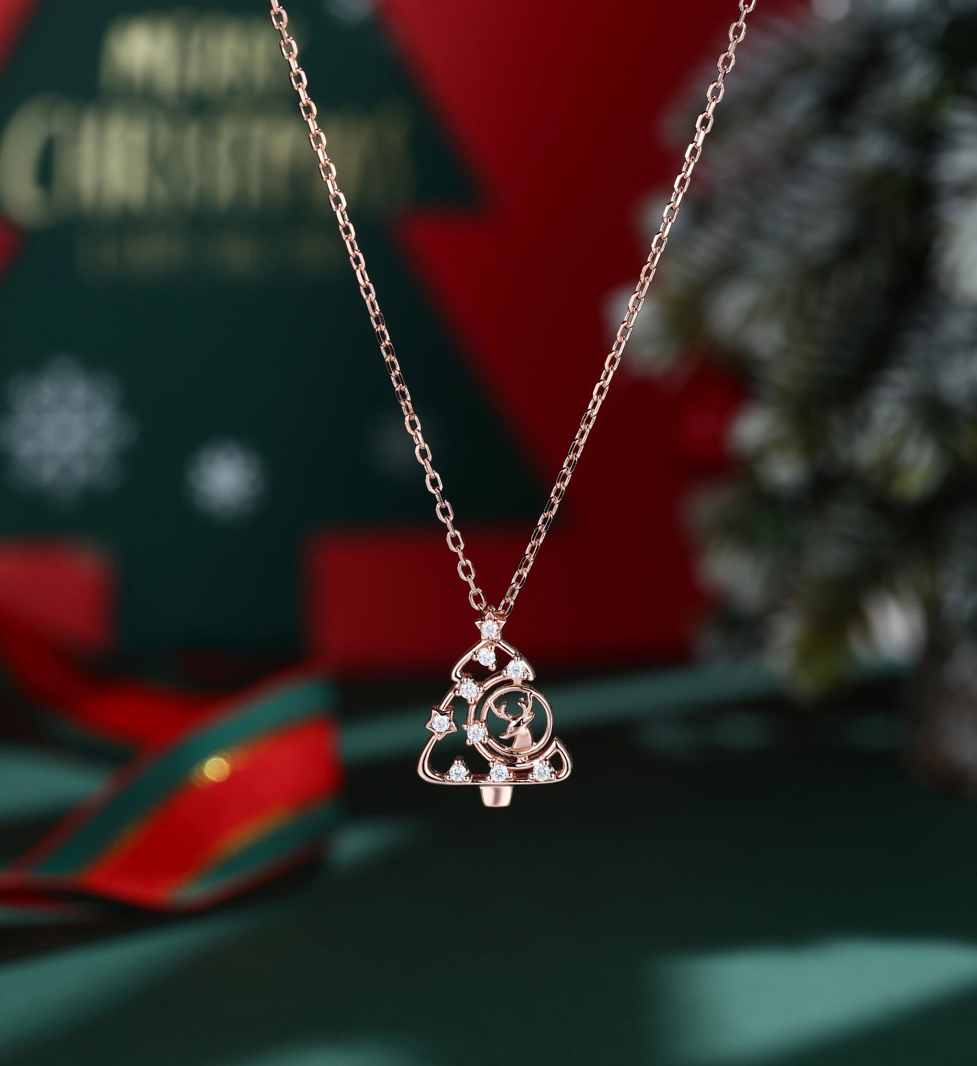Christmas Tree Pendant Necklace with Moissanite or Diamonds Halo Accents
