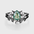 Moss Agate Natural Green Pear cut Engagement ring Bridal Sets