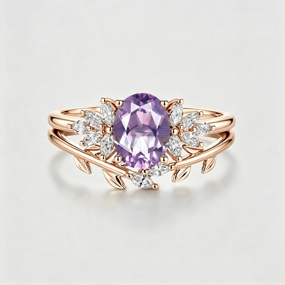 Oval Cut Lavender Amethyst Engagement Ring set Rose Gold Diamond Wedding Bridal Set