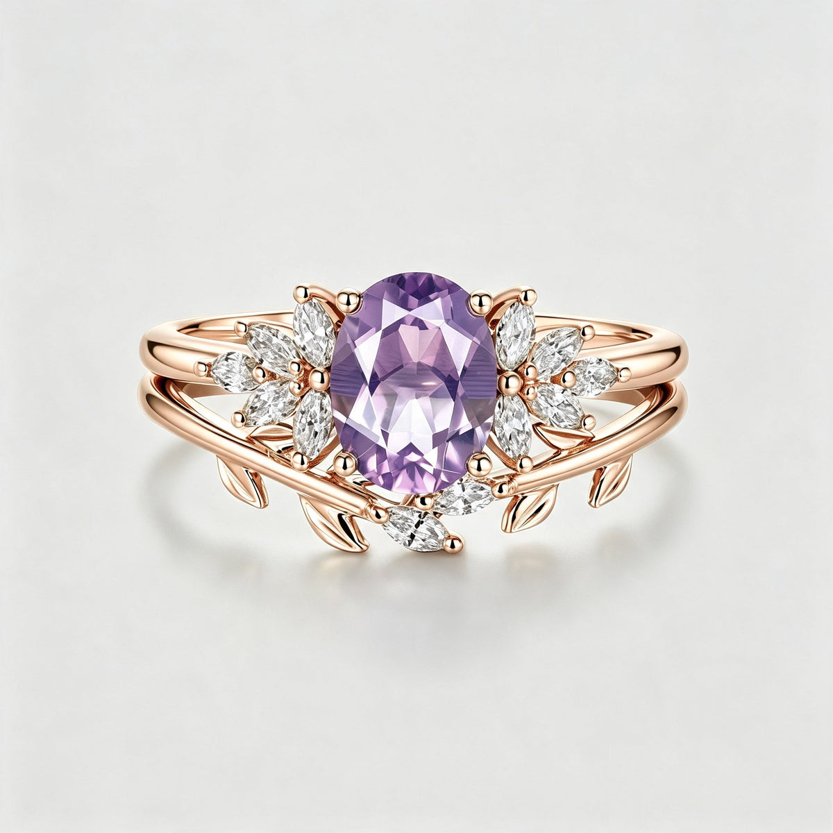 Oval Cut Lavender Amethyst Engagement Ring set Rose Gold Diamond Wedding Bridal Set