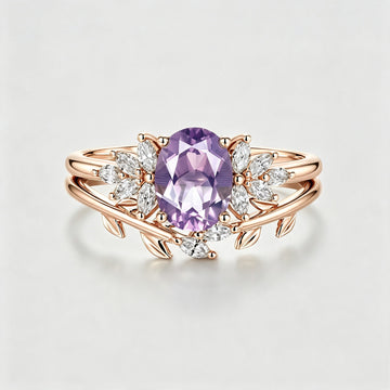 Oval Cut Lavender Amethyst Engagement Ring set Rose Gold Diamond Wedding Bridal Set