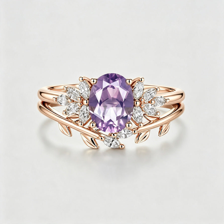 Oval Cut Lavender Amethyst Engagement Ring set Rose Gold Diamond Wedding Bridal Set