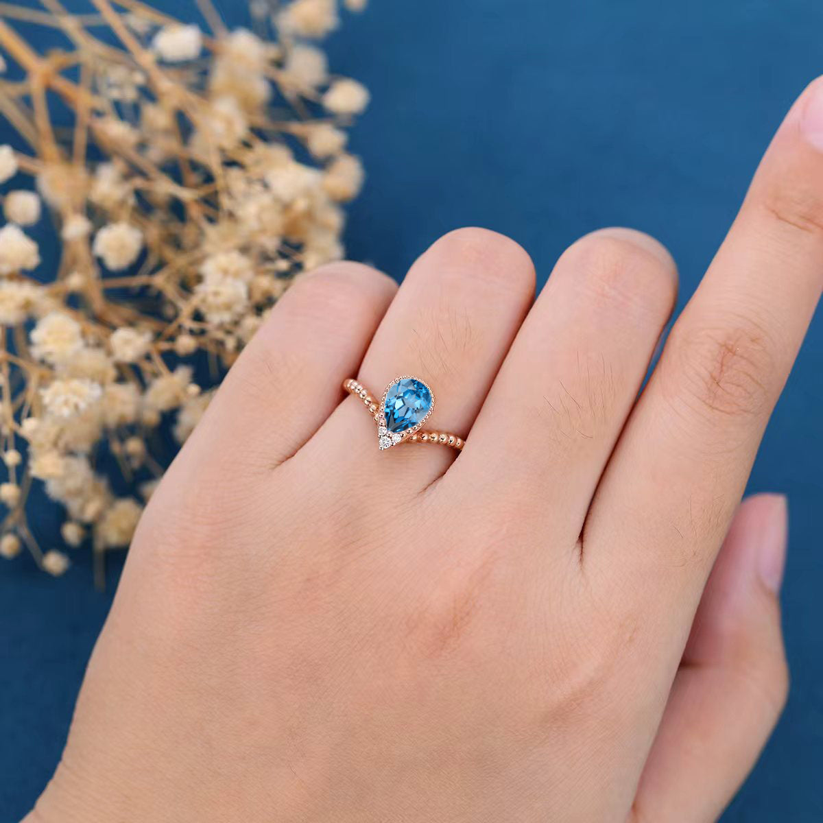 Bezel setting Marquise cut London Blue Topaz Gold Engagement Ring