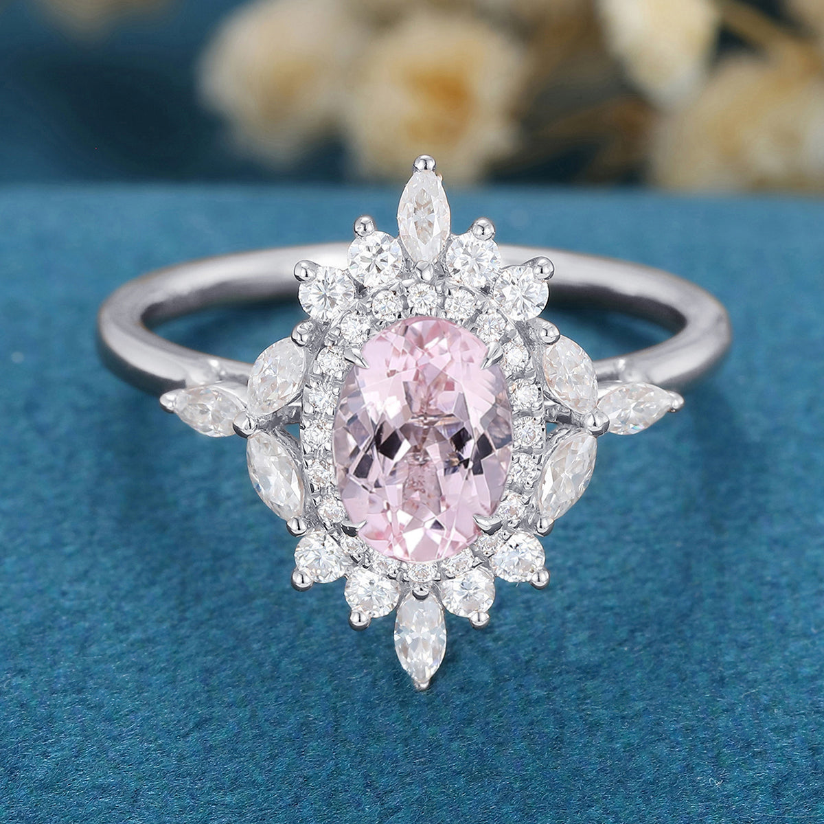 1.0Carat Oval cut Morganite Halo | Cluster Engagement ring