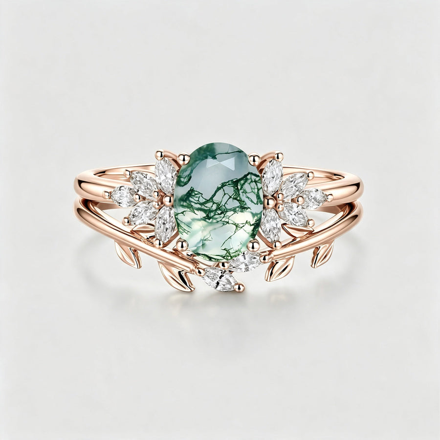 Natural Green Moss Agate Oval Cluster WeddingBridal Sets