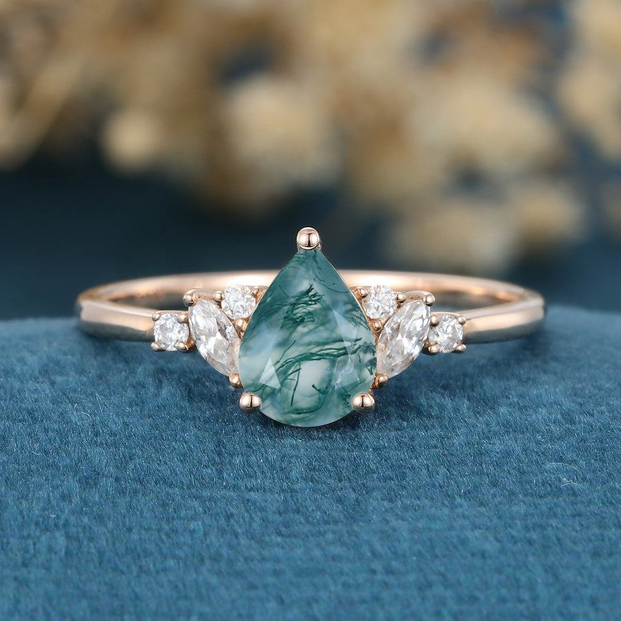 Pear cut Moss Agate Matching Mossanite | Diamonds Gold Engagement Ring