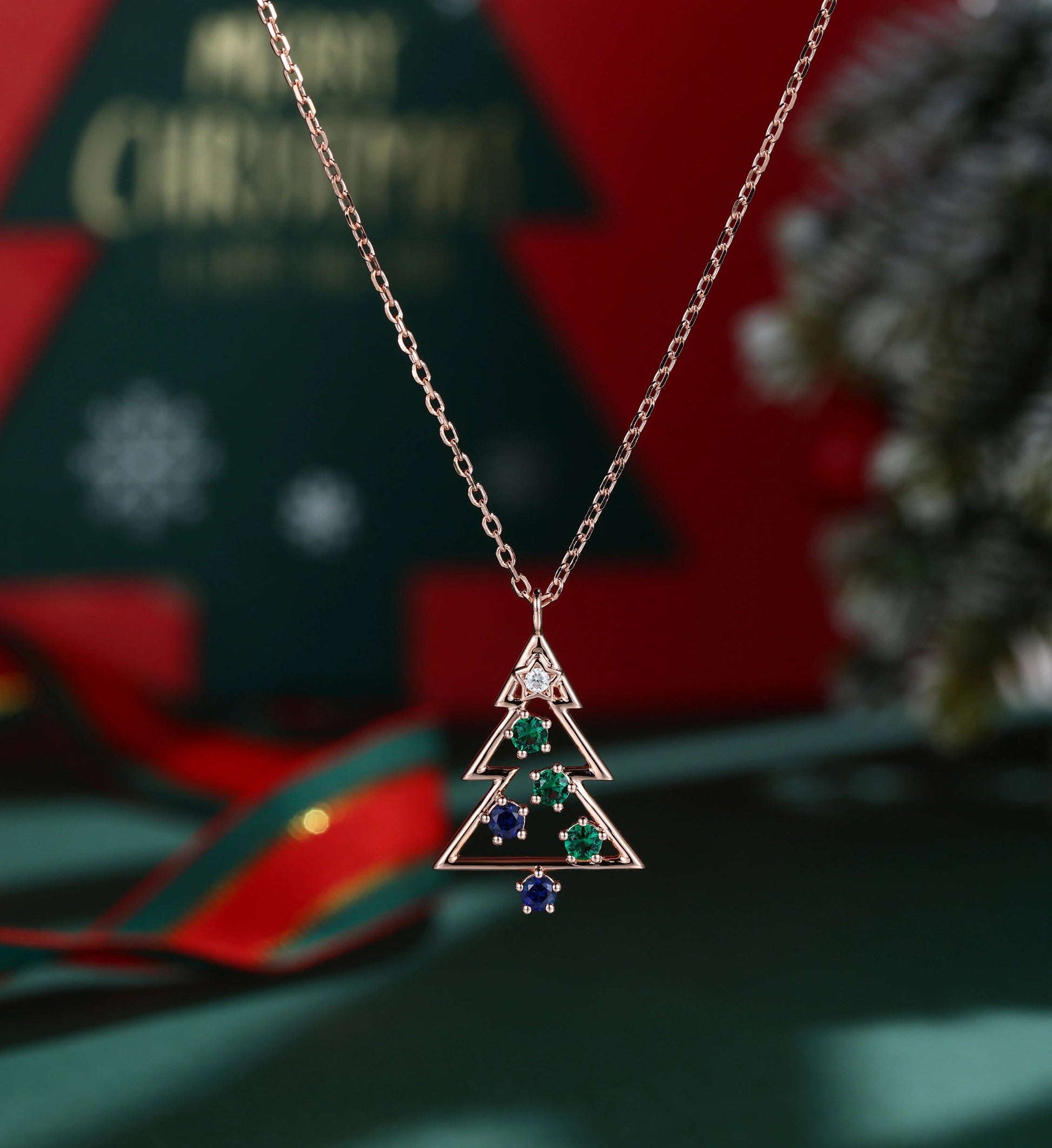 Christmas Tree Pendant Necklace with Moissanite| Lab Blue Sapphire  | Lab Emerald