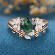 Round cut Blue green sapphire Engagement ring Bridal Set