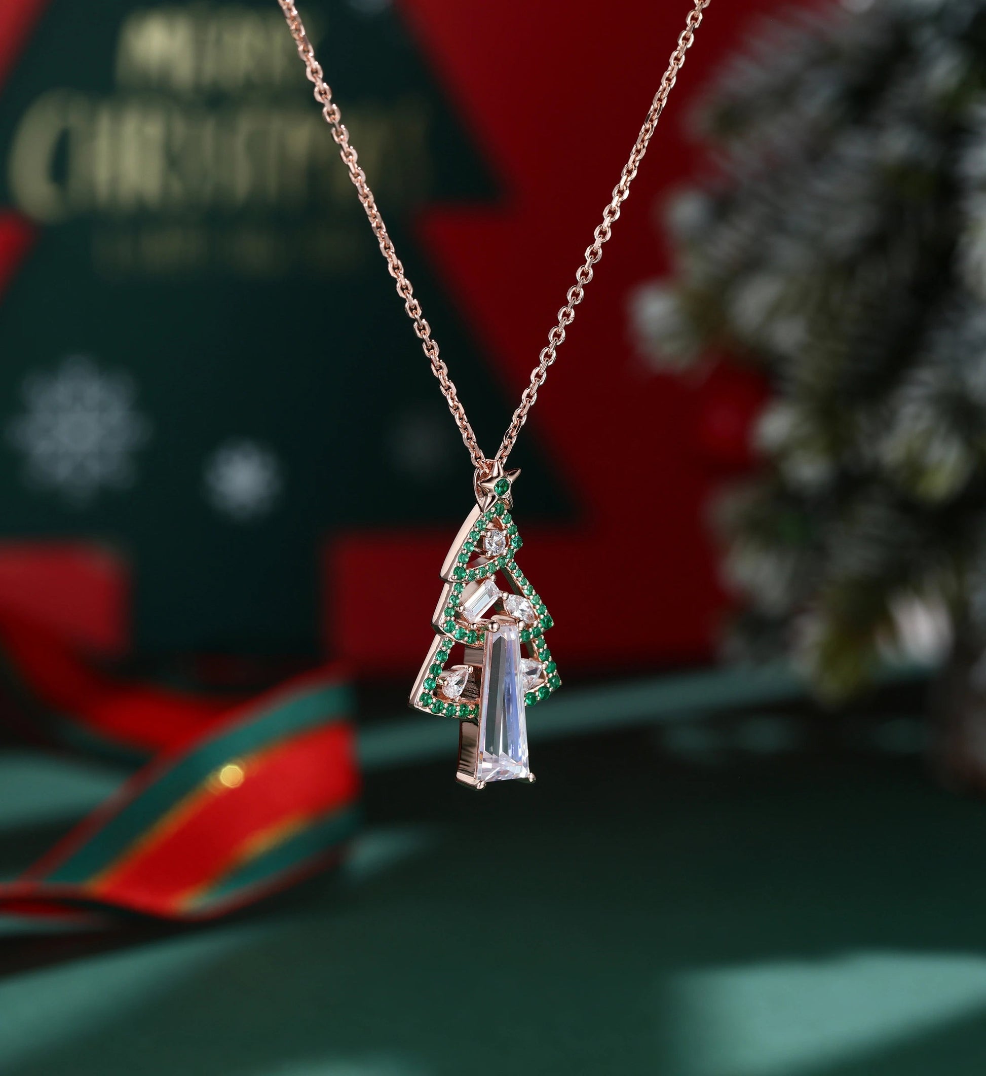 Christmas Tree Pendant Necklace with Moissanite + Lab Emerald Halo Accents