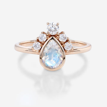 Bezel setting Pear cut Moonstone Halo Moissanite | Diamonds Gold Engagement Ring