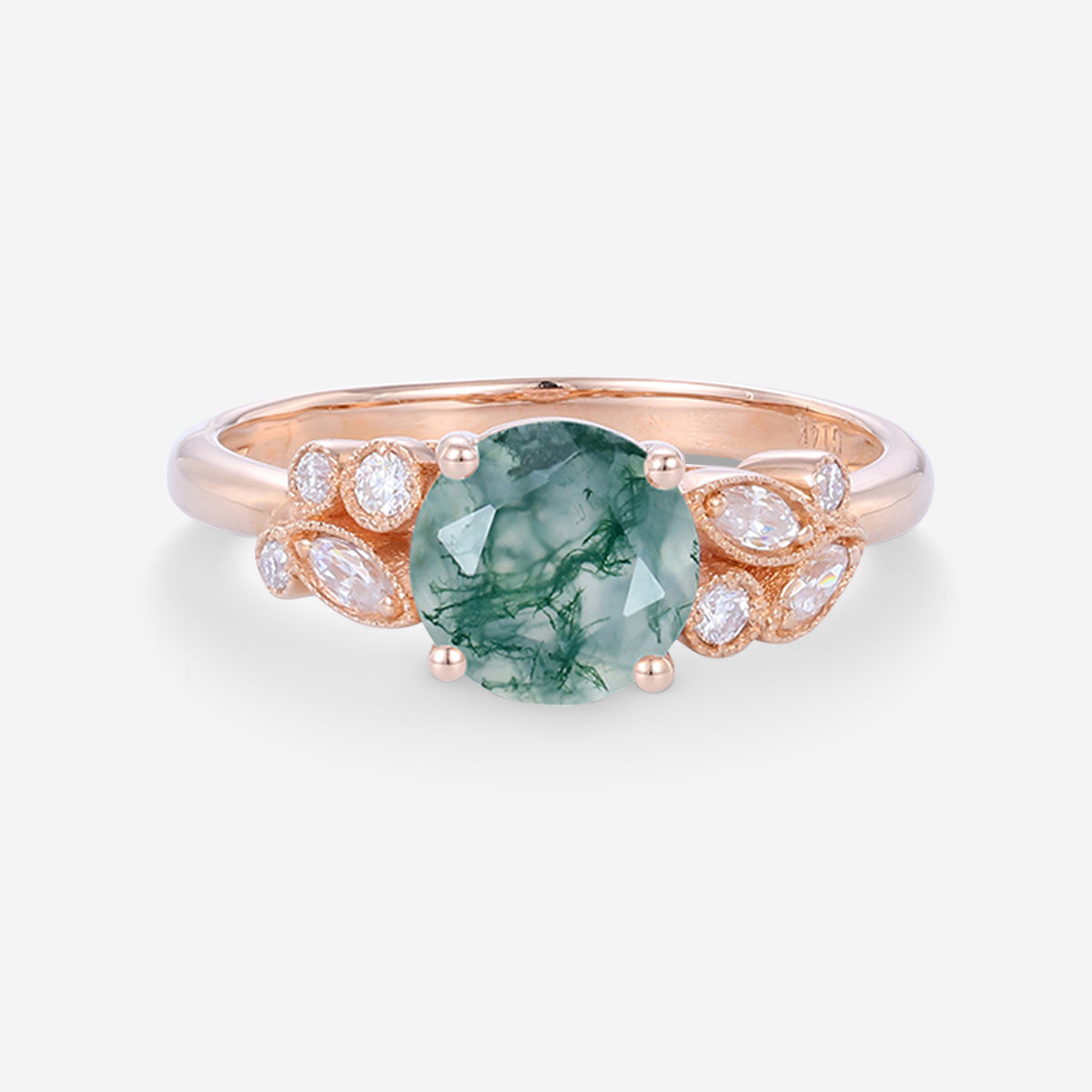 Round cut Moss Agate Matching Mossanite | Diamonds Gold Engagement Ring