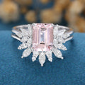 Emerald cut Morganite Cluster Engagement ring Bridal Set