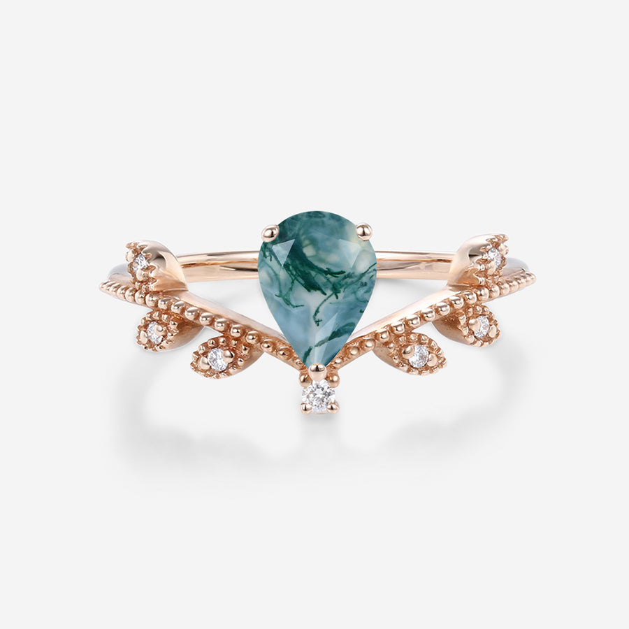 Nature Inspired Pear cut Moss Agate Leaf Rose Gold Engagement Ring