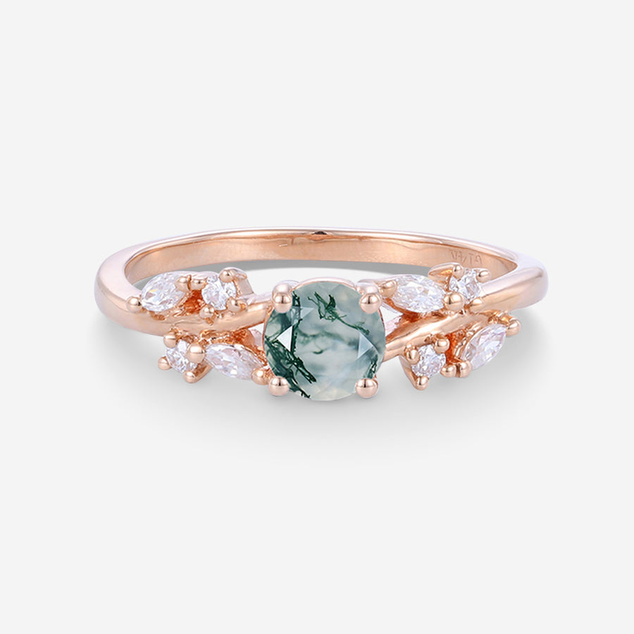 Round cut Moss Agate Matching Mossanite | Diamonds Gold Engagement Ring