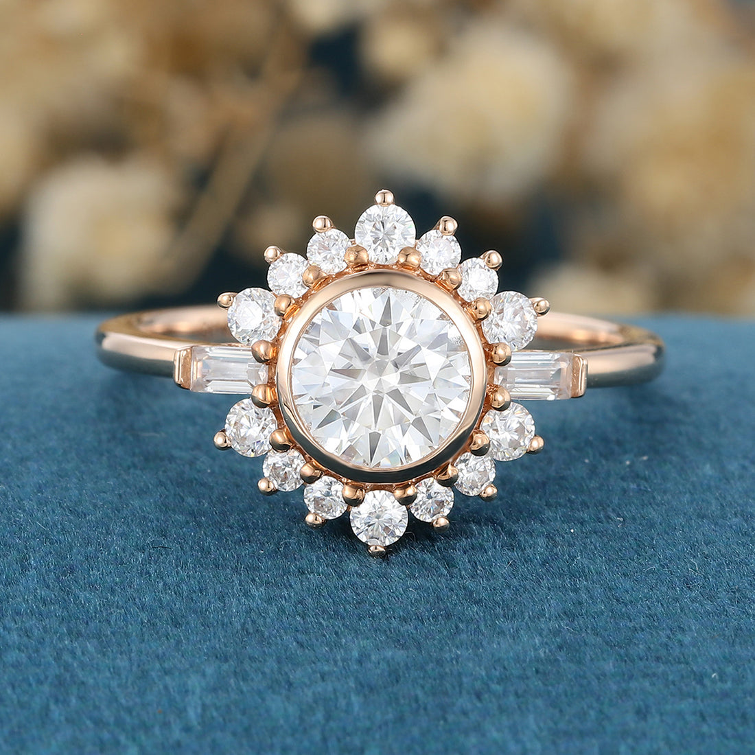 Bezel setting Round cut Moissantie Halo Gold Engagement Ring