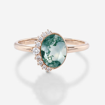 Bezel setting Oval cut Moss Agate Halo Moissanite | Diamonds Gold Engagement Ring