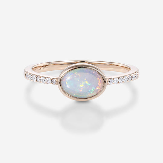 Bezel setting Oval cut Opal Half Eternity Moissanite | Diamonds Gold Engagement Ring