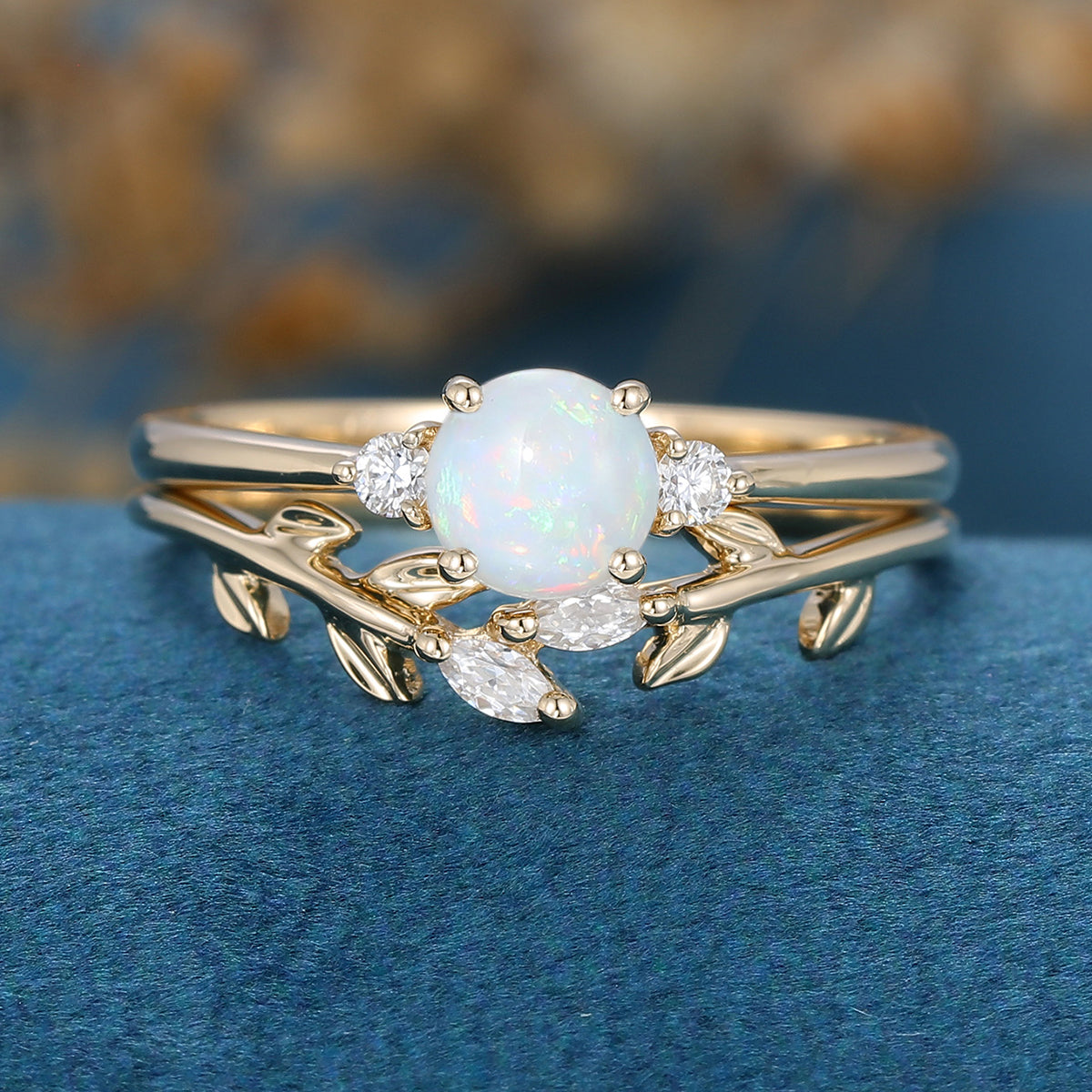 Round cut Opal Engagement ring Bridal Set