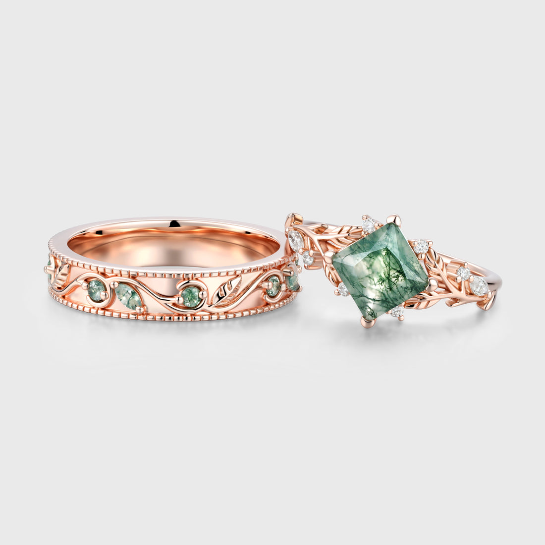 Forever Glow Moss Agate Couple Rings | Rose Gold Leaf Wedding Bridal Set