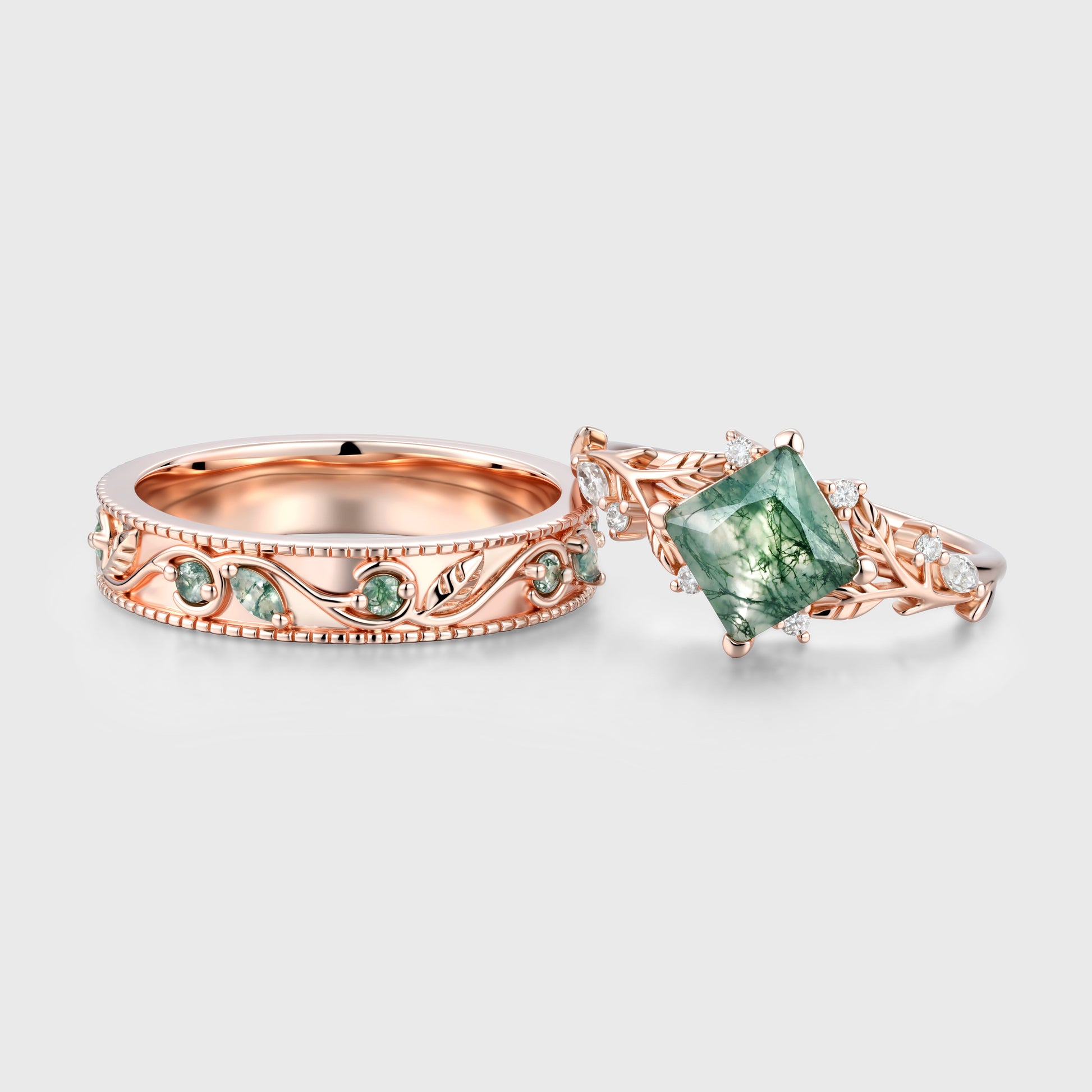 Forever Glow Moss Agate Couple Rings | Rose Gold Leaf Wedding Bridal Set