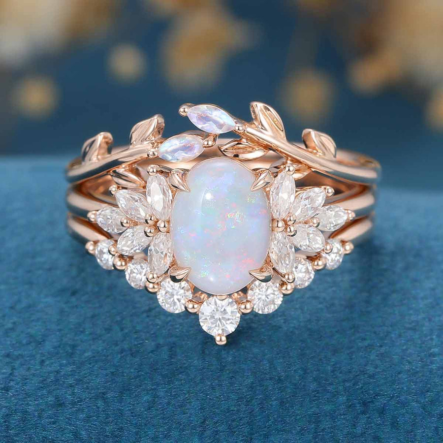 Oval cut Opal Engagement ring Bridal Set