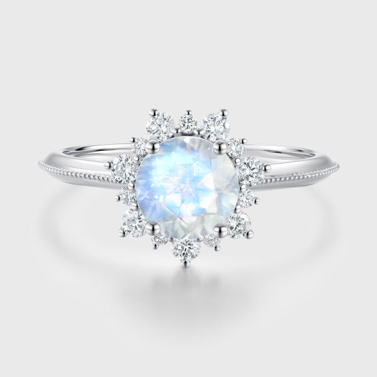 5mm Round cut Moonstone Flower Halo Engagement ring