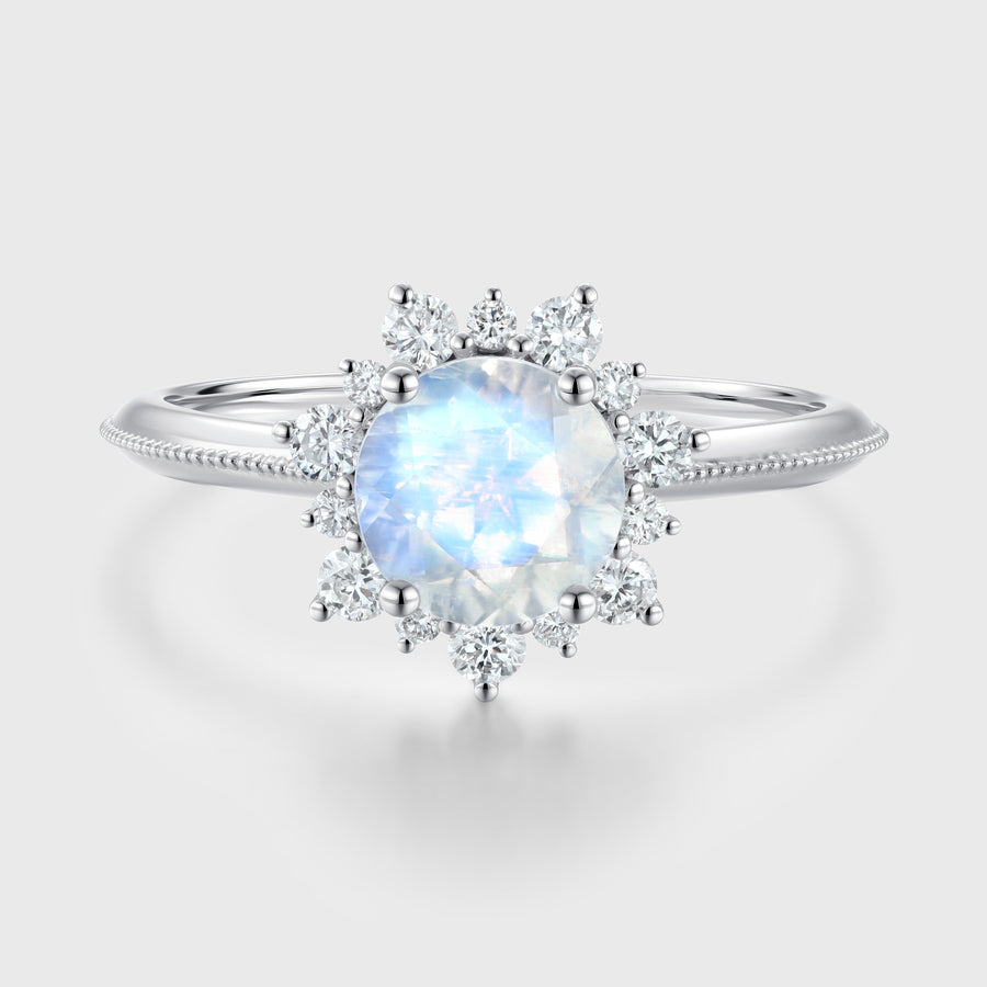 5mm Round cut Moonstone Flower Halo Engagement ring