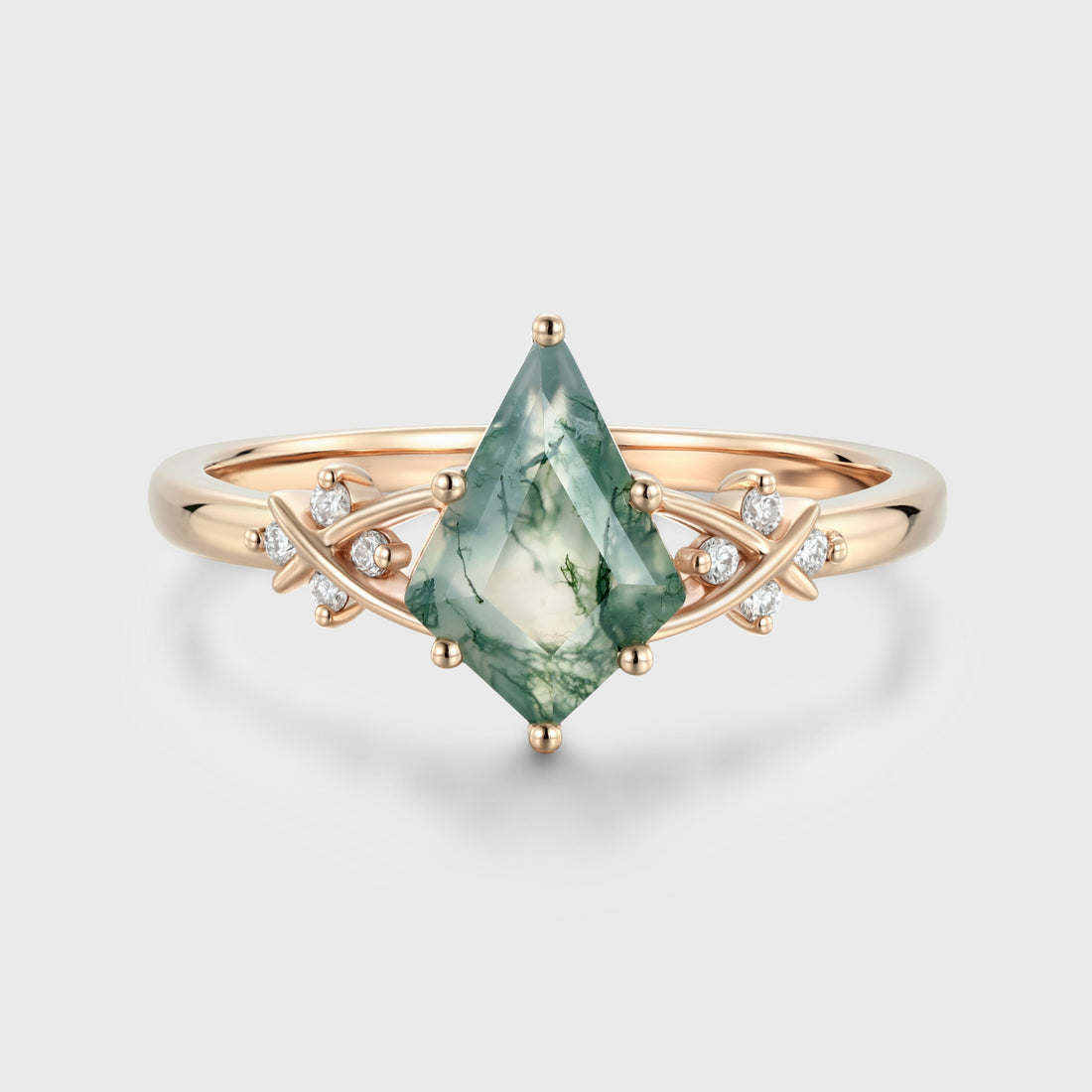 Kite Cut Natural Green Moss Agate Cluster Engagement Ring
