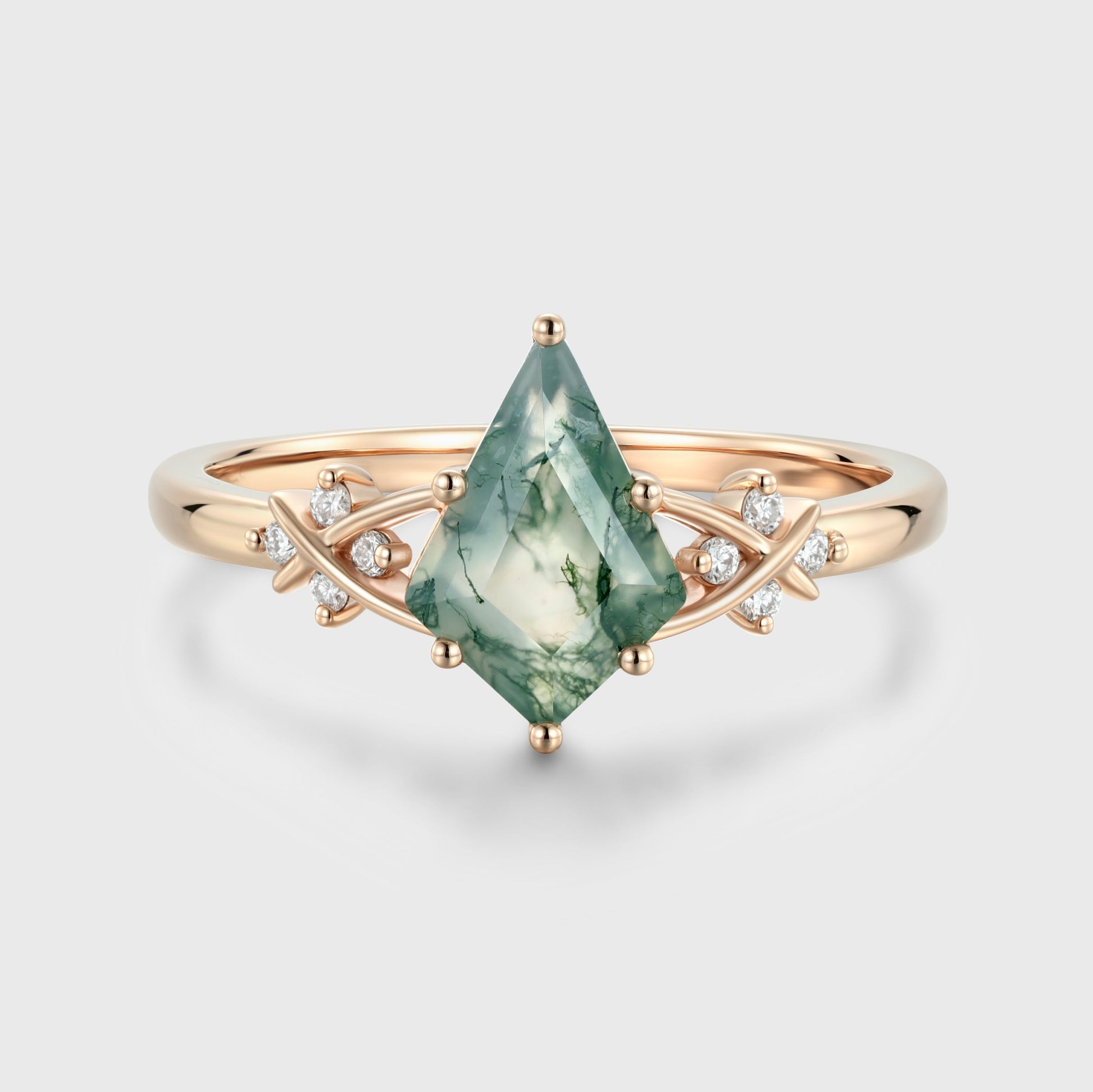 Kite Cut Natural Green Moss Agate Cluster Engagement Ring