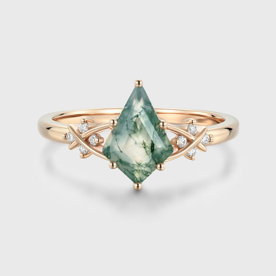 Kite Cut Natural Green Moss Agate Cluster Engagement Ring