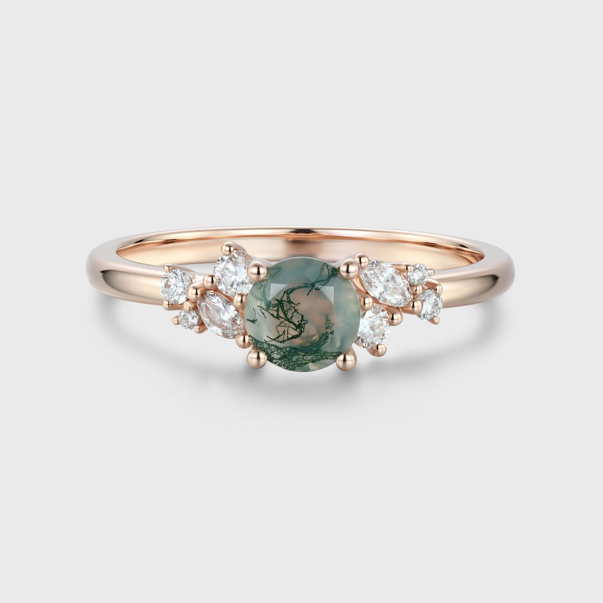Round cut Moss Agate Matching Moissanite | Diamonds Gold Engagement Ring