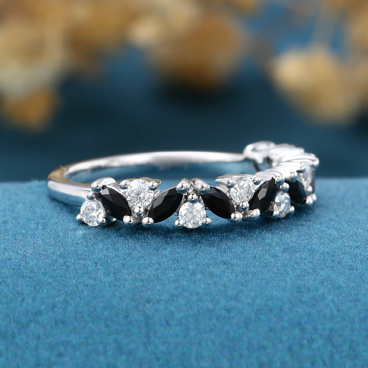 Black Onyx Matching Moissanite | Diamond Half Eternity Wedding Band