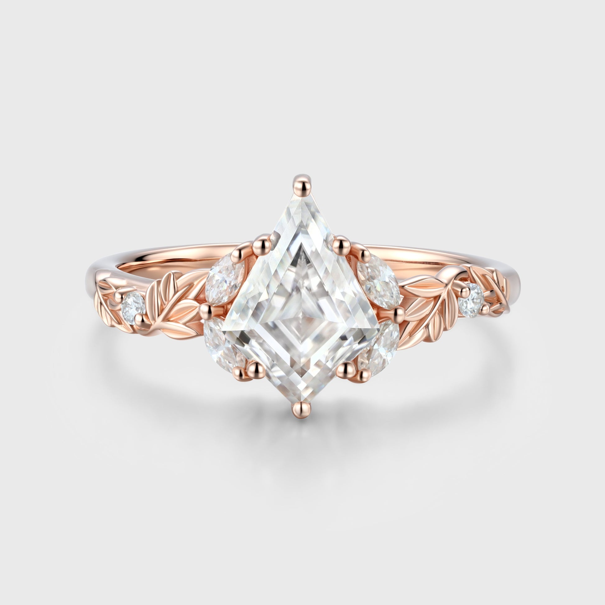 Nature Inspired Solid Gold Kite cut Moissanite Leaf Engagement Ring