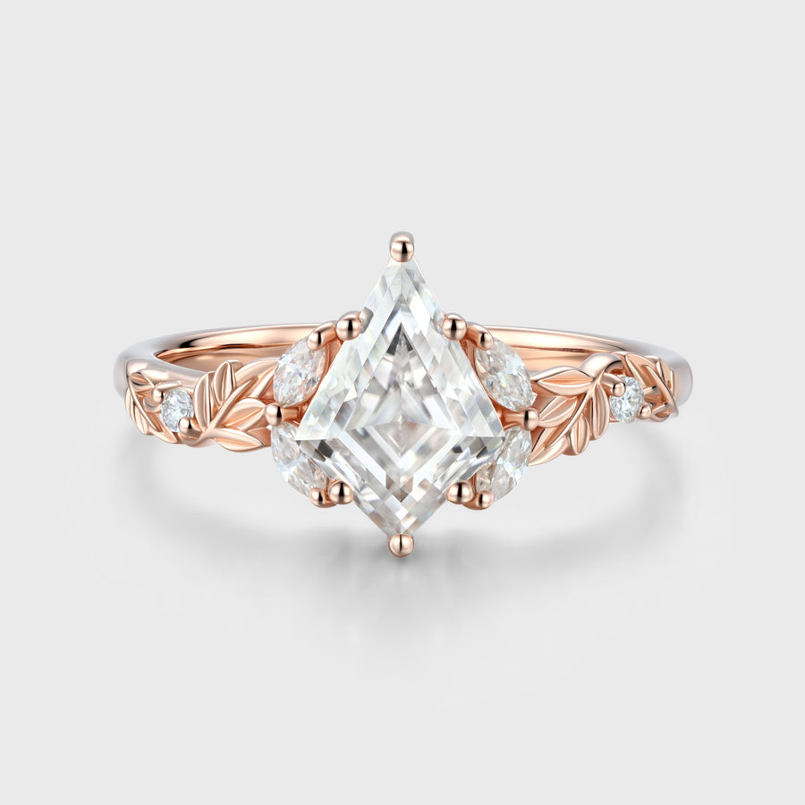 Nature Inspired Solid Gold Kite cut Moissanite Leaf Engagement Ring