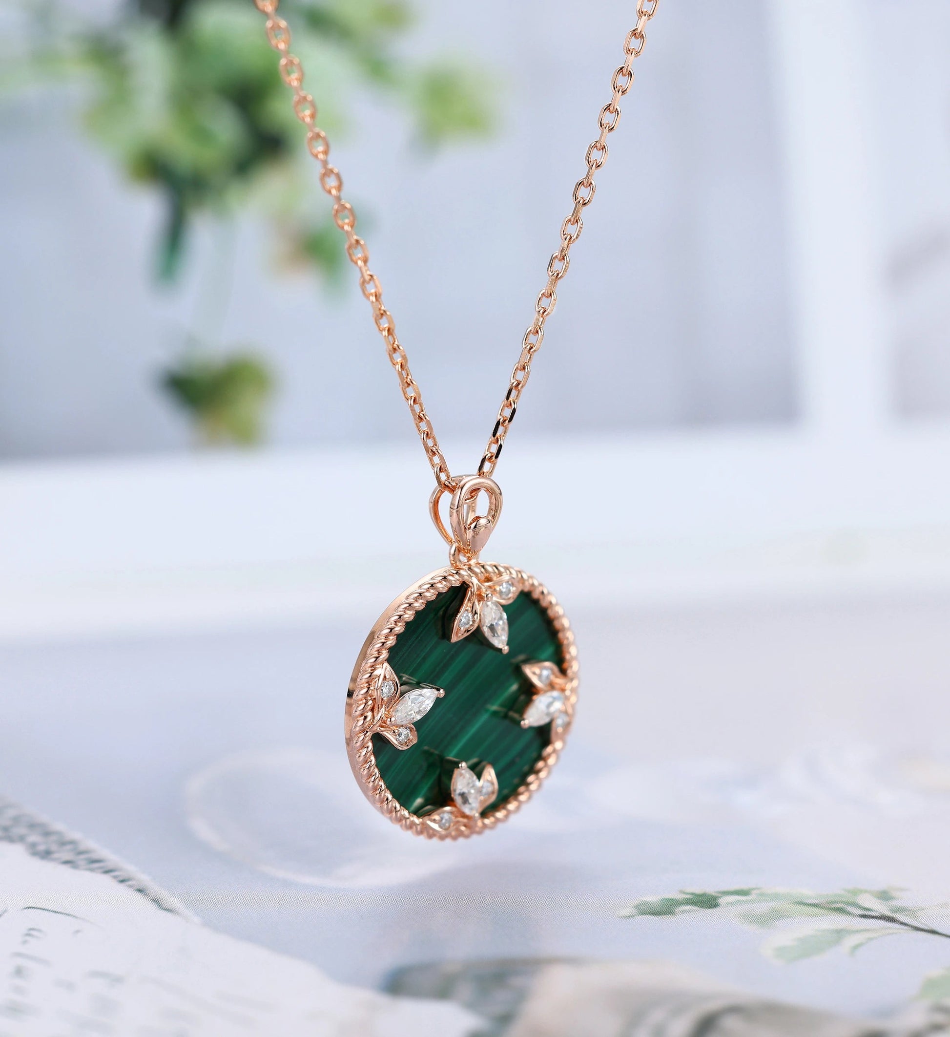 Round cut Malachite Pendant Necklace with Diamonds Halo Accents