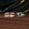 Forever Glow Moss Agate Couple Rings | Rose Gold Leaf Wedding Bridal Set (Copy)