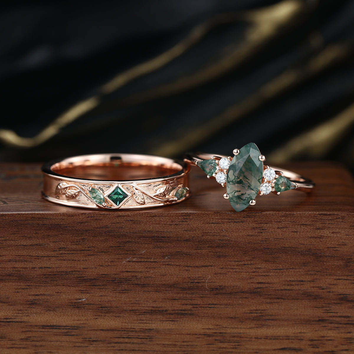 Forever Glow Moss Agate Couple Rings | Rose Gold Leaf Wedding Bridal Set (Copy)