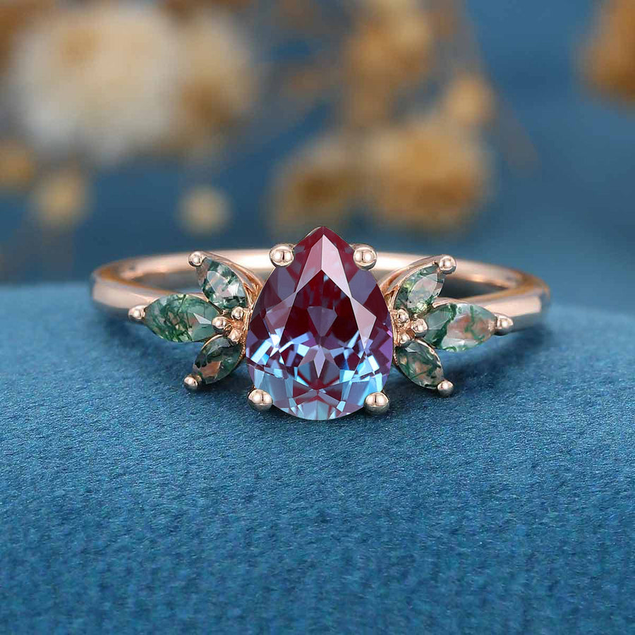 Pear cut Alexandrite  Cluster Engagement Ring 