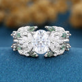 Oval cut Lab Grown Diamond + Moss agate Wedding bridal set