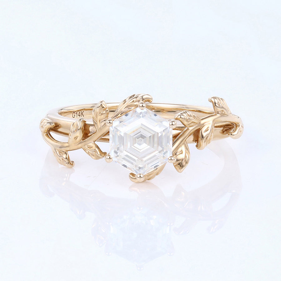 Nature Inspired Hexagon cut Moissanite Leaf Gold Engagement Ring