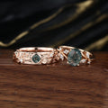 Forever Glow Moss Agate Couple Rings | Rose Gold Leaf Wedding Bridal Set